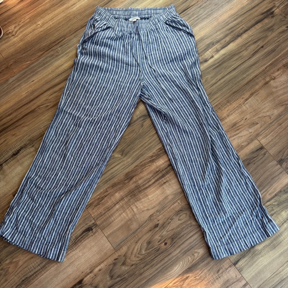 Briggs Linen Wide Leg Pants Woman's Mediun Blue White Striped Coastal Beach